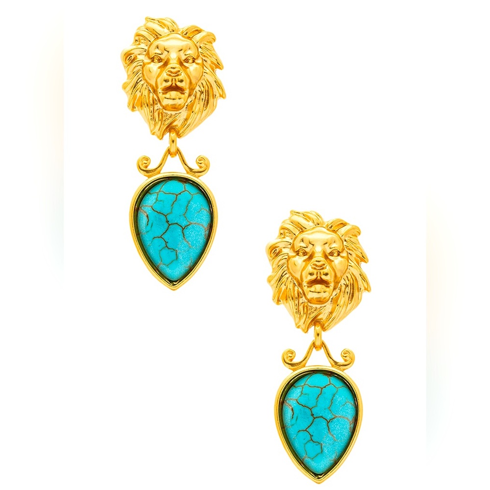 14k Gold Lion Head w/Turquoise Accents Statement Earrings